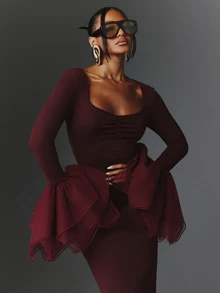 NYA SZN Dress Midi Scoop Neck Long Sleeve Mesh Church Holiday Festival Special Occasion Everyday Casual Work Concert Going Out Club Party Maroon Fall Winter - Purple - View 1