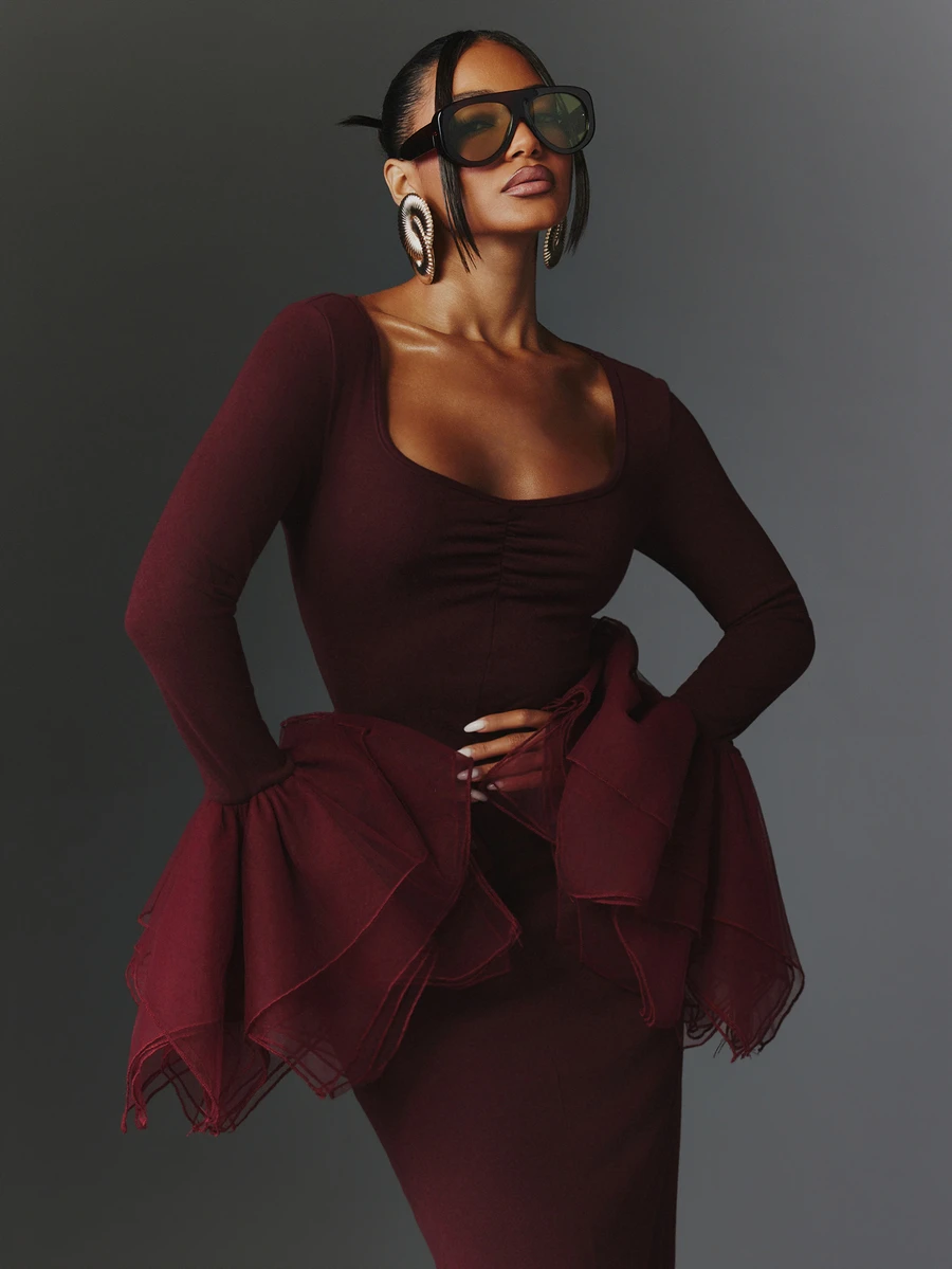 NYA SZN Dress Midi Scoop Neck Long Sleeve Mesh Church Holiday Festival Special Occasion Everyday Casual Work Concert Going Out Club Party Maroon Fall Winter - Purple - View 1