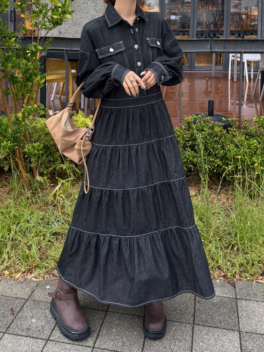 FRIFUL Women's Pleated Casual Daily Summer Denim Dress - Black - View 1