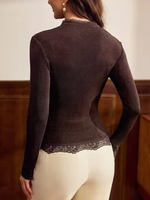 Vintamour Women's Brown Fitted Elegant Top With Stand Collar And Keyhole Neckline - Coffee Brown - View 2