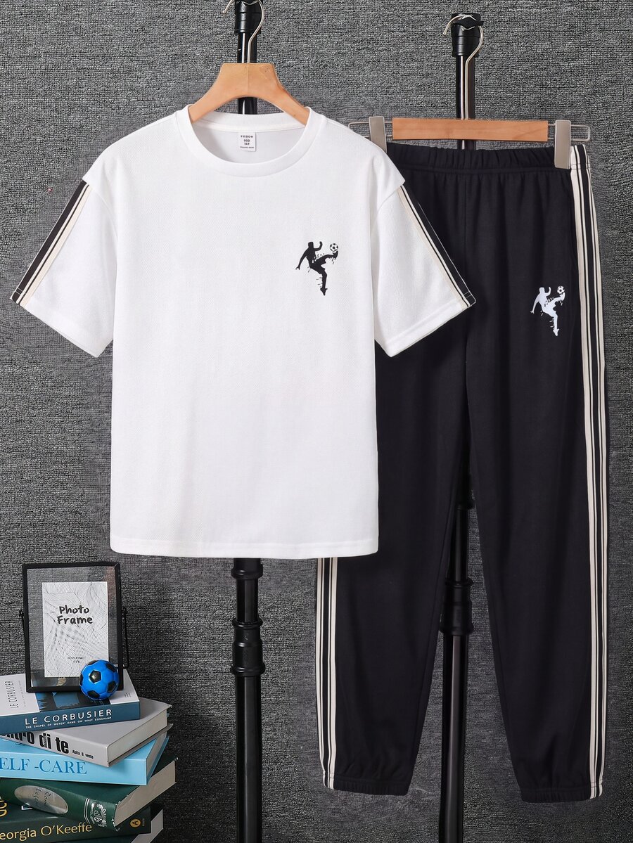 SHEIN 兒童青少年男孩春夏兩件套 白色圓領短袖T恤與黑色長褲,舒適百搭休閒日常時尚運動簡約百搭風格,適合春夏秋冬室內、戶外、日常、運動、玩耍、派對、攝影、度假、假期 - 彩色 - 查看 1