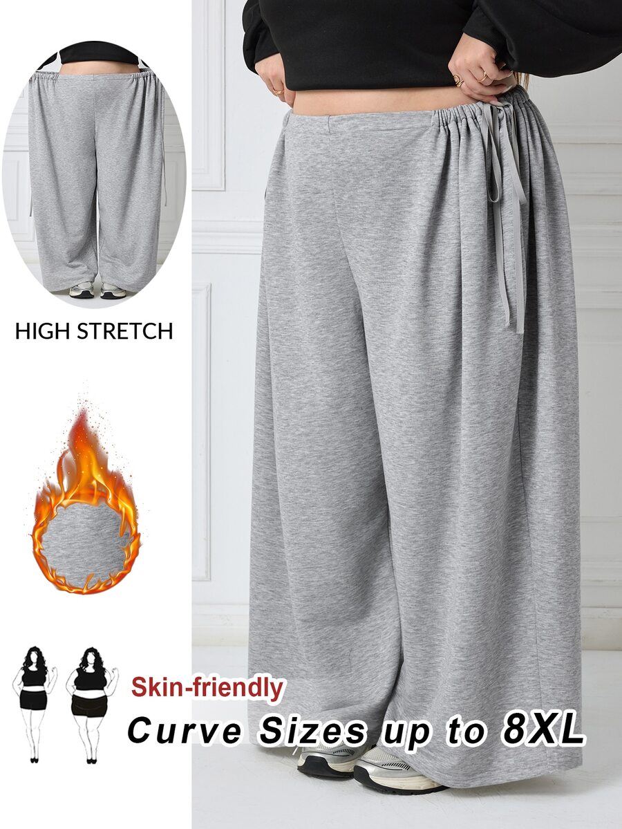 SHEIN CURVE+ Plus Size Women's Solid Color Side Waist Knot Wide Leg Pants, Casual Versatile All-Match Style For Autumn/Winter, Suitable For Daily Wear - Grey - View 1