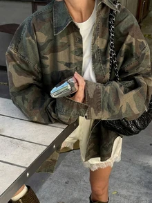 Strévra Autumn Army Green Turn-Down Collar Button Pocket Decor Washed Loose Long Sleeve Short Denim Jacket For Women - Army Green - View 1