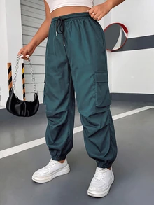 POPSWAY Plus Size Women's Drawstring Waist Ruched Cuffed Casual Cargo Pants - Teal Blue - View 3