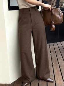 DAZY 秋冬高腰咖啡色極簡直筒寬鬆垂墜休閒通勤百搭日常女款長褲 - 咖啡棕 - 查看 6