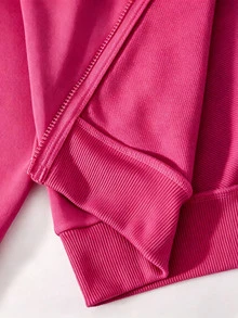 SHEIN 青少年女孩秋季套裝 2件組 連帽拉鍊夾克短版上衣與寬鬆鬆緊腰寬腿休閒長褲套裝，秋季 - 玫紅色 - 查看 7