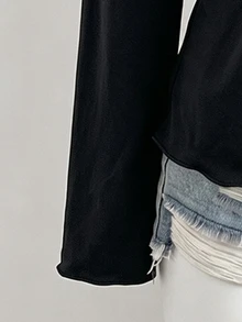 SHEIN Sparklyn 青少年女孩黑色休閒秋冬V領抓皺鈕扣裝飾喇叭袖上衣T恤 - 黑色 - 查看 7