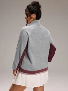 EMERY ROSE Plus Size Women's Colorblock Raglan Long Sleeve Button Half-Placket Casual Sweatshirt - Grey - View 2