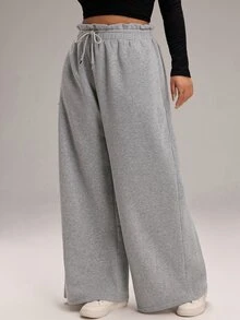 EMERY ROSE Plus Size Women Solid Color Casual Wide Leg Pants For Daily Wear - Grey - View 4