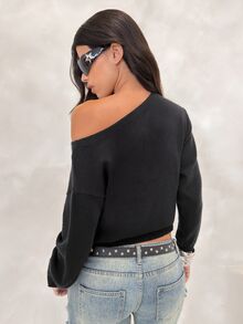 BAD SUNDAY Women's Autumn/Winter Star Pattern High Neck Long Sleeve Cropped Sweater, Y2K Hot Girl Style - Black - View 2