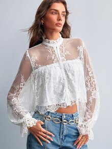 Willow Rêve Women's White Lace Semi-Sheer Stand Collar Button Long Sleeve Blouse - White - View 5