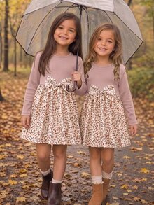 Emery Rose Kids Emery Rose Kids 女童小女孩可愛拼接洋裝，復古棕色羅紋上衣配蝴蝶結與碎花裙，長袖公主裙，適合春夏秋季 - 粉色 - 查看 5