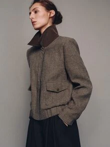 MOTF PREMIUM Wide Shoulder Silhouette Herringbone Contrast Collar Jacket Coat Autumn/Winter - Brown - View 3