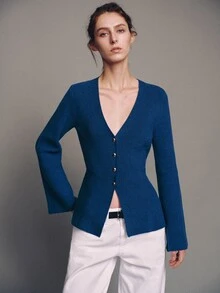 MOTF PREMIUM RED V-NECK CINCHED WAIST CARDIGAN SWEATER - Teal Blue - View 1