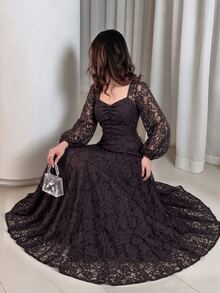 Modelyn Autumn/Winter Lace Waist-Cinching Slimming Elegant Fashionable Long Dress - Coffee - View 1