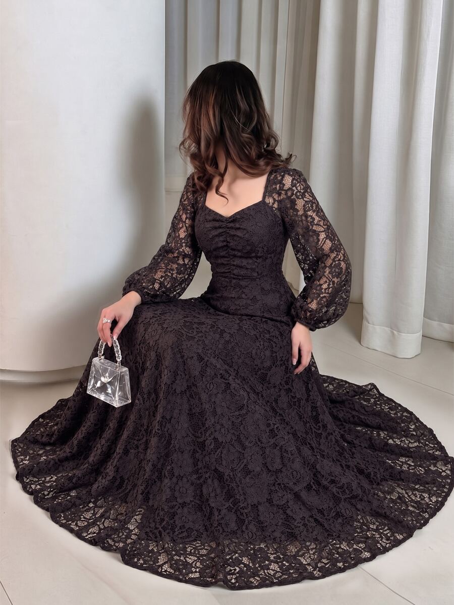 Modelyn Autumn/Winter Lace Waist-Cinching Slimming Elegant Fashionable Long Dress - Coffee - View 1