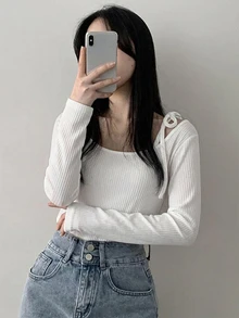 DAZY 女款繫帶式不對稱肩 2 合 1 T恤 - 白色 - 查看 4