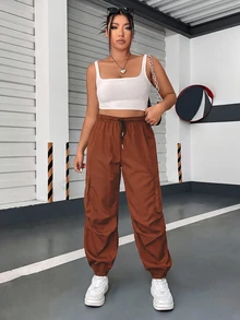 POPSWAY Plus Size Elastic Waist Drawstring Tie Multi-Pocket Casual Cargo Pants - Redwood - View 6