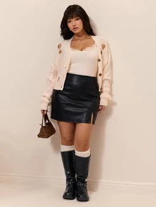 CovetEZ Autumn/Winter New Solid Color PU High Elasticity Leather Casual Party Plus Size Mini Skirt - Black - View 7