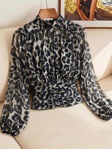 SHEIN Clasi 女款性感豹紋抓皺收腰上衣 - 灰色 - 查看 4