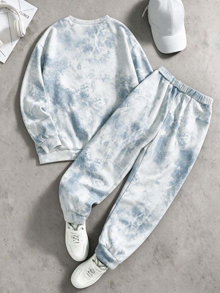 SHEIN 2pcs Teen Boys Embossed Letter Long Sleeve Fleece Pullover Sweatshirt And Sweatpants Set For Back To School Fall Outfits - Baby Blue - View 2