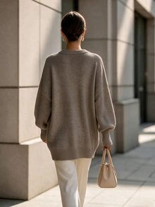 SHEIN 女款純色圓領落肩長袖休閒針織衫 - 摩卡棕 - 查看 2