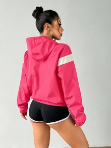 Exploreva Exploreva Women's Striped Colorblock Zip-Up Hooded Sports Jacket - Watermelon Pink - View 2