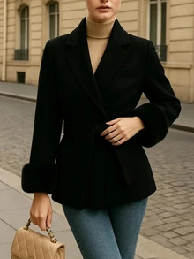 Franclia Mantel Wol Wanita Warna Hitam Murni Terbaru yang Melangsingkan dan Mengencangkan Pinggang - Hitam - View 3