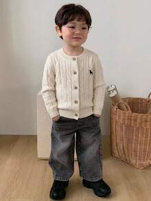 Hapijoa Infant (Boy) Round Neck Cable Knit Cartoon Embroidered Long Sleeve Solid Color Sweater - White - View 8