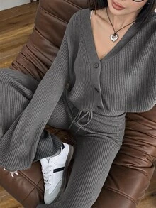 SHEIN EZwear 2件組女款休閒純色寬肩帶開襟衫與抽繩腰寬腿褲套裝，秋季/旅行黑色 - 深灰色 - 查看 1