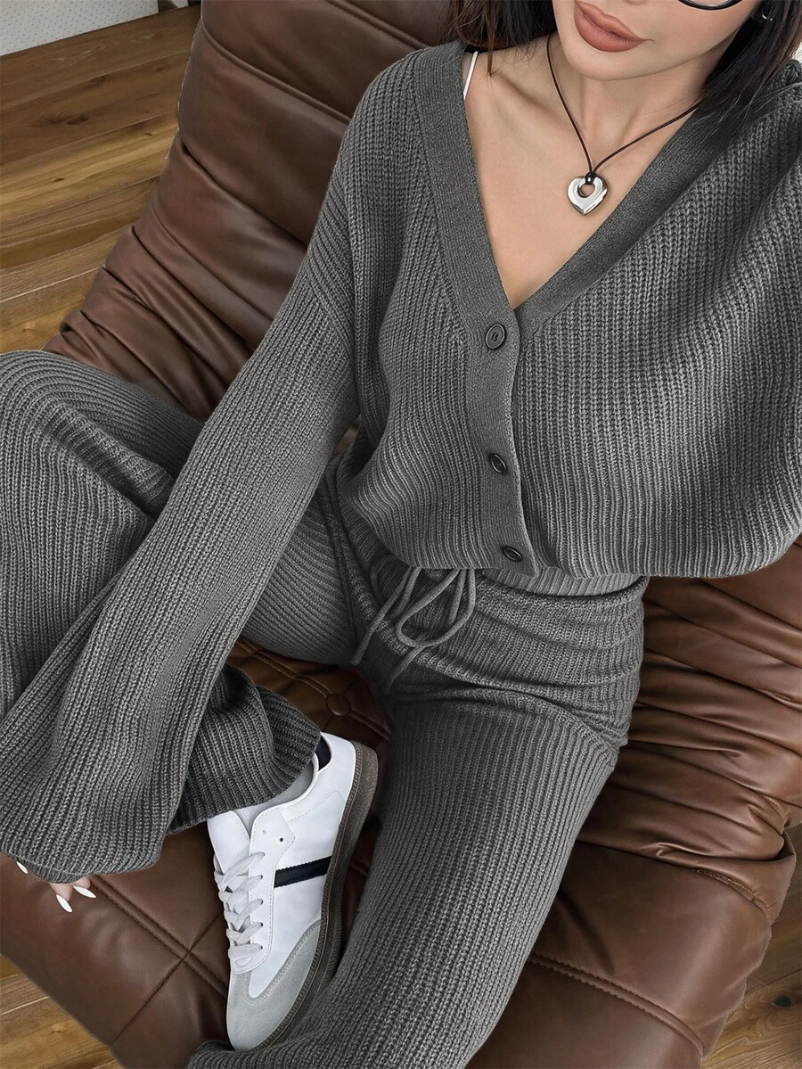 SHEIN EZwear 2件組女款休閒純色寬肩帶開襟衫與抽繩腰寬腿褲套裝,秋季/旅行黑色 - 深灰色 - 查看 1