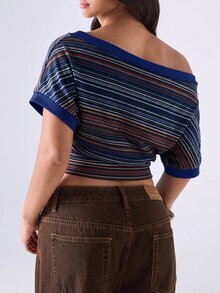 LYSMO Plus Size Women's Striped Asymmetrical Shoulder Batwing Short Sleeve Cropped Casual T-Shirt - Navy Blue - View 2