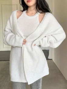 DAZY 女款純色細肩帶背心與開襟針織外套兩件套，秋季 - 白色 - 查看 4