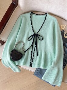 Muvela 女款優雅法式可愛休閒刺繡對比色飾邊前綁帶荷葉邊長袖針織開襟衫，秋季穿搭，青綠色、鴨綠色 - 薄荷藍 - 查看 1