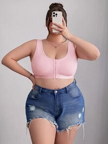 SHEIN CURVE+ 大尺碼簡約純色前扣式內衣背心，Curve Plus，Hoho Vacation - 粉色 - 查看 3