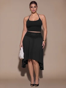 SHEIN BAE CURVE 大尺碼女款純色休閒百搭日常裙 - 黑色 - 查看 2