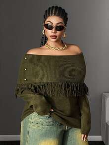 Maweii Plus Size Women's Off-Shoulder Lapel Collar Tassel Rivet Decor Cinched Cinched Waist Fashion Long Sleeve Sweater - Army Green - View 4