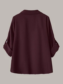 SHEIN LUNE 大尺碼女款休閒兩件套，純色翻袖單排扣休閒通勤襯衫與高腰寬鬆寬腿長褲套裝 - 中紫紅色 - 查看 4
