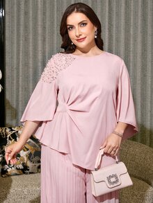 SHEIN Clasi 大尺碼女款仿珍珠裝飾上衣與長褲休閒日常兩件套 - 粉色 - 查看 10