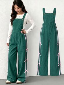 Girls Corduroy Overalls, Cute Bow Ribbon Side Stripe Wide Leg Jumpsuit Autumn Winter Pants - Green - View 1
