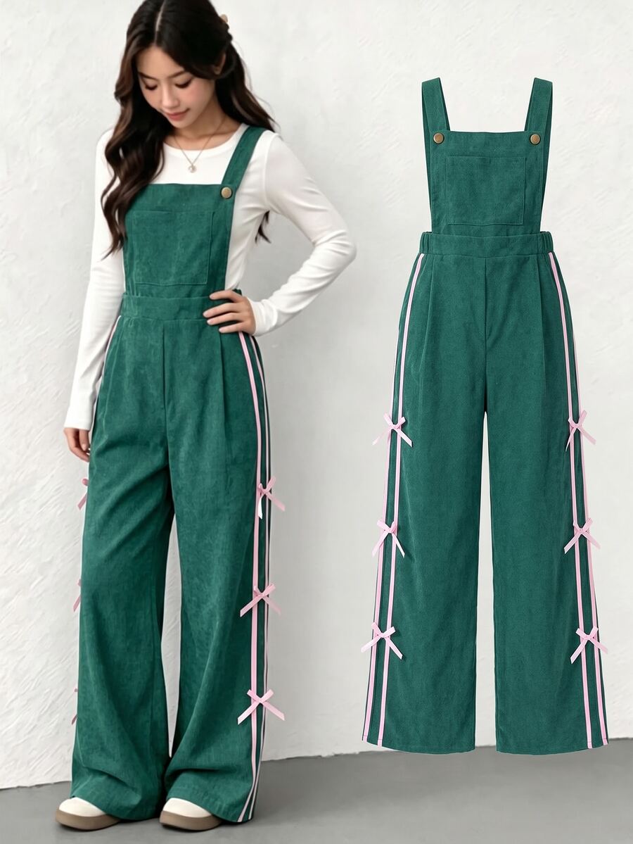 Girls Corduroy Overalls, Cute Bow Ribbon Side Stripe Wide Leg Jumpsuit Autumn Winter Pants - Green - View 1