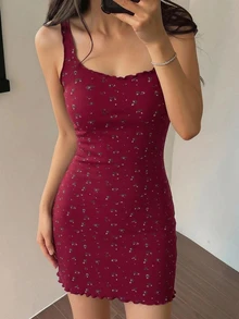 DAZY 甜美碎花無袖細肩帶修身短洋裝，夏季穿搭，女款睡裙 - 酒紅色 - 查看 3