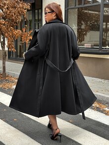 Vionelle Plus Size Women's Solid Color Raglan Sleeve Single-Breasted Casual Wool Blend Jacket - Black - View 2