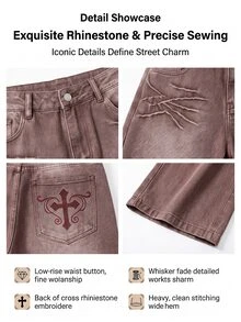 SHEIN ICON 女款休閒日常牛仔褲，附口袋、鈕扣與十字圖案 - 棕色 - 查看 12