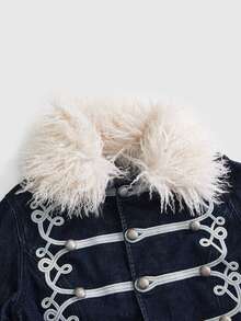 ROMWE Avant Women's Webbing Button Faux Fur Patchwork Denim Jacket - Blue - View 3