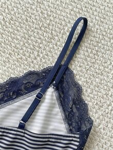 IslaSuriya Women's Fitted Lace Patchwork Striped Camisole Tank Top - Navy Blue - View 3