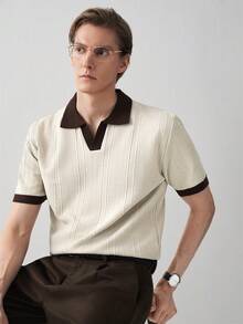 RONVEXI Men's Plus Size Colorblock Collar Short Sleeve Casual Knit Top - Beige - View 4