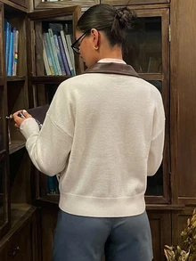 DAZY 女款休閒 PU 拼接拉鍊開襟針織外套，秋季 - 米色 - 查看 2