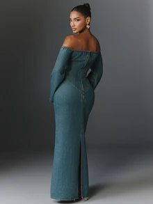 NYA SZN Denim Dress Maxi Cold Shoulder Long Sleeve Holiday Festival Special Occasion Everyday Casual Work Concert Going Out Club Party Medium Wash Fall Winter - Dark Wash - View 7