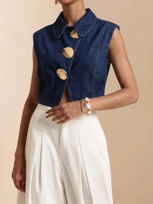 Selenza Women's Metal Buckle Casual Daily Denim Top - Blue - View 6
